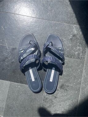Manolo Blahnik "Susara" Sandal - Navy Blue Raffia 38.5